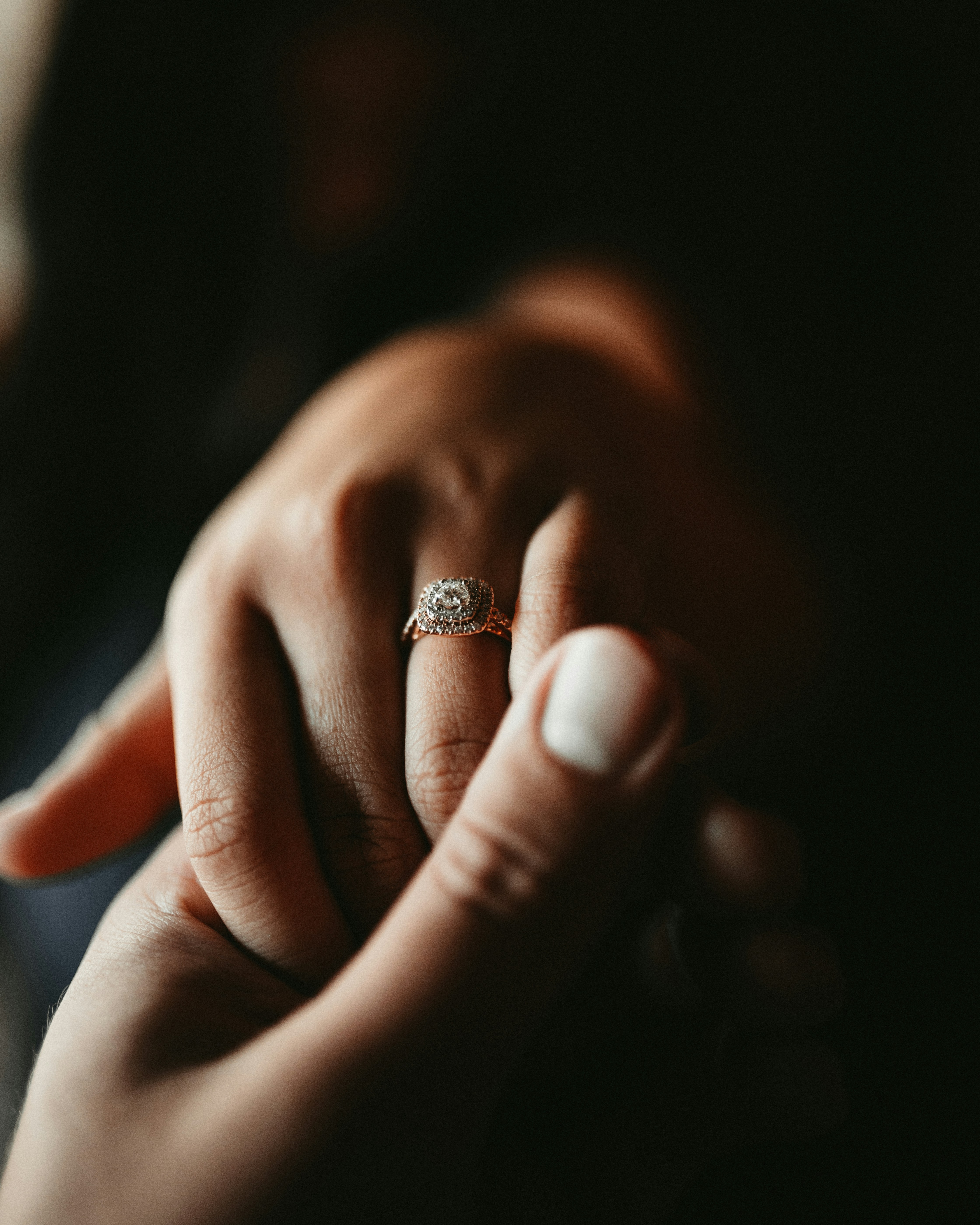 Close-up of an engagement ring on a hand
